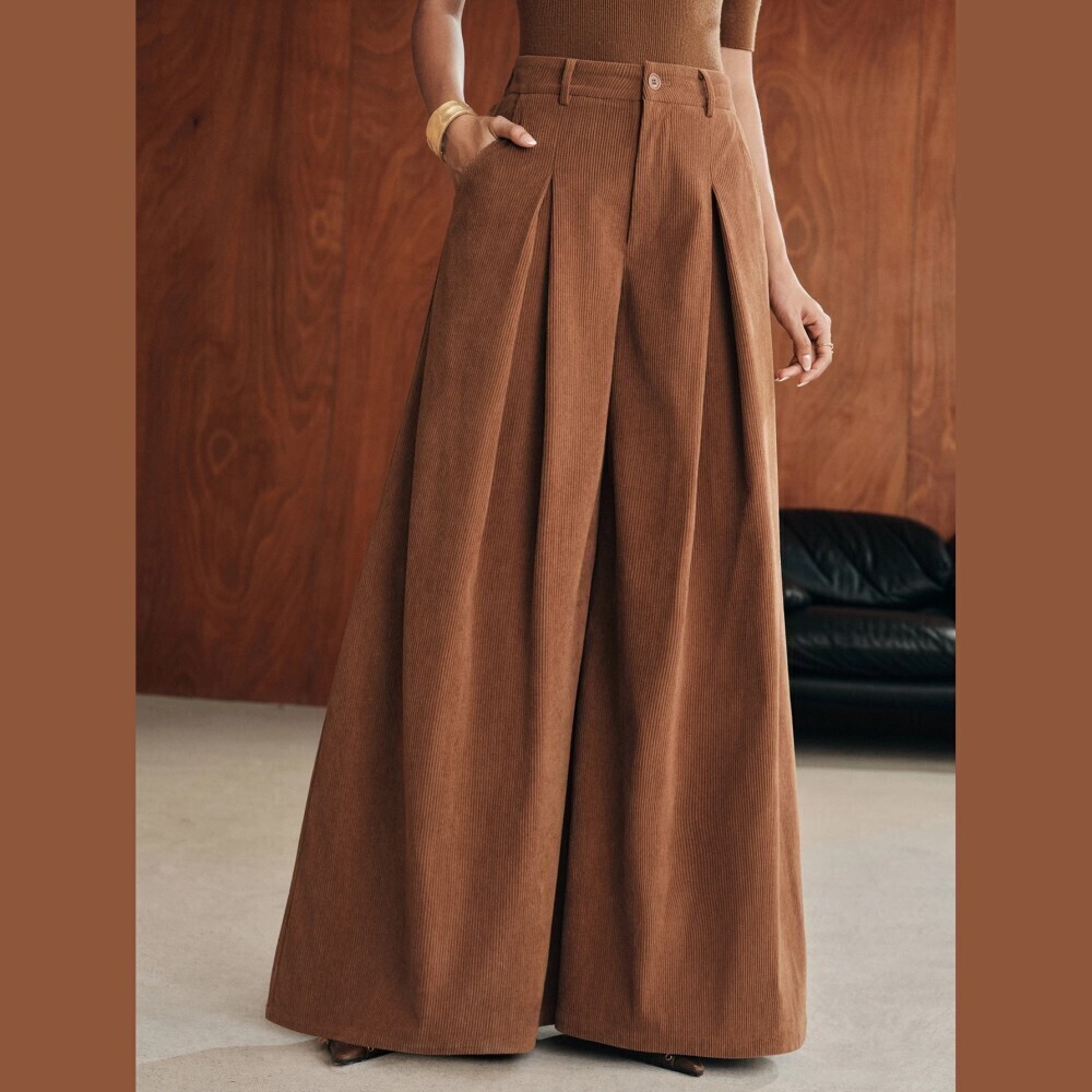 Brown Corduroy Pleated Ultra Wide Leg High Waist Trousers